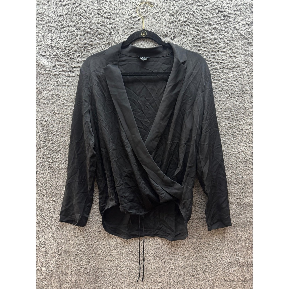 Theory Wrap 100% Silk Collared Long Sleeve Blouse Black Womens‎ Size S